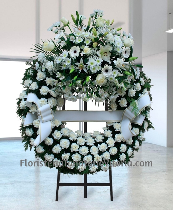 Corona de flores para difuntos Blanca Superior, Floristeria Tanatorio Vitoria, Pompas Funebres de Lauzurica
